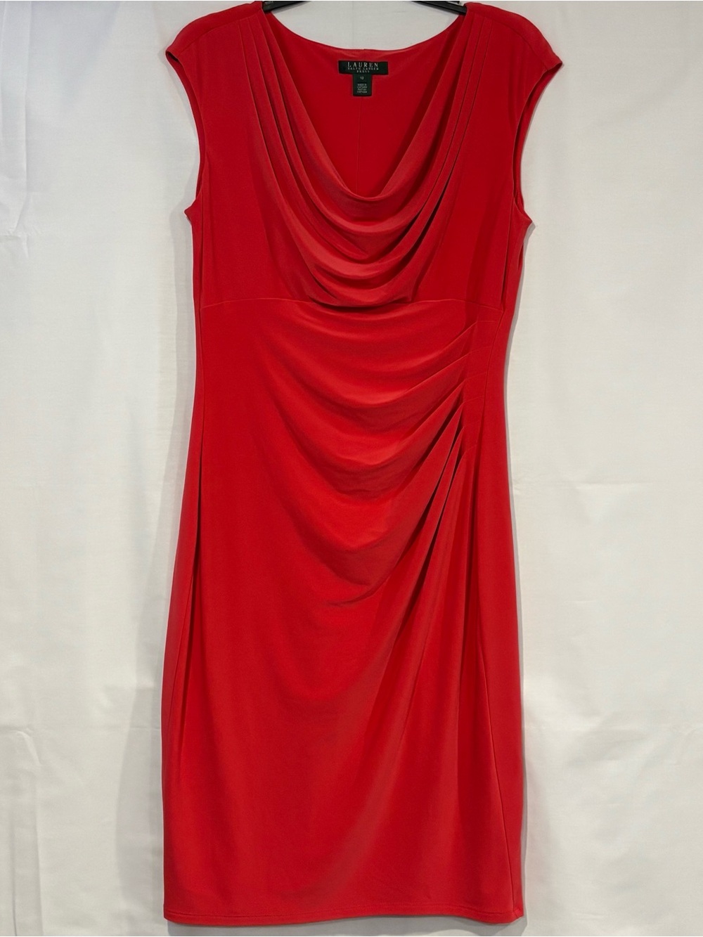 Lauren Ralph Lauren Fuschia Magenta Pink Cowl Neck Ruched Sheath Dress Size 12